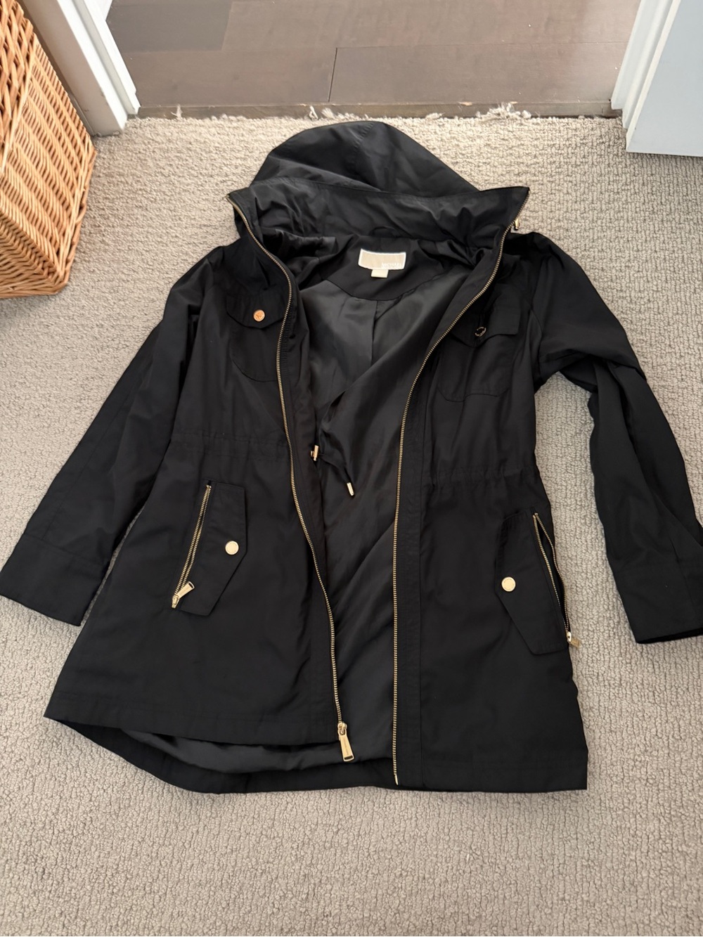 Michael Kors Black Hooded Long Anorak Jacket with Gold Hardware